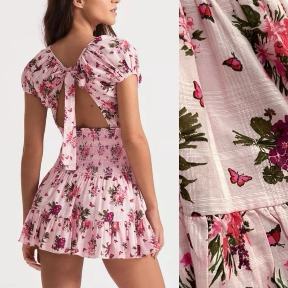 🌸LoveShackFancy Spritz Floral Smocked Tie Back Mini Dress Rosemary Mauve L NWT - Picture 2 of 7